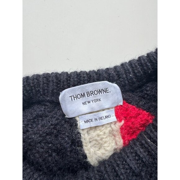 THOM BROWNE Navy Aran Merino Wool Cable Knit Crew Neck Pullover Sweater, Size 5 - Picture 12 of 16